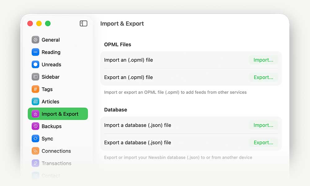 Newsbin showing import and export options